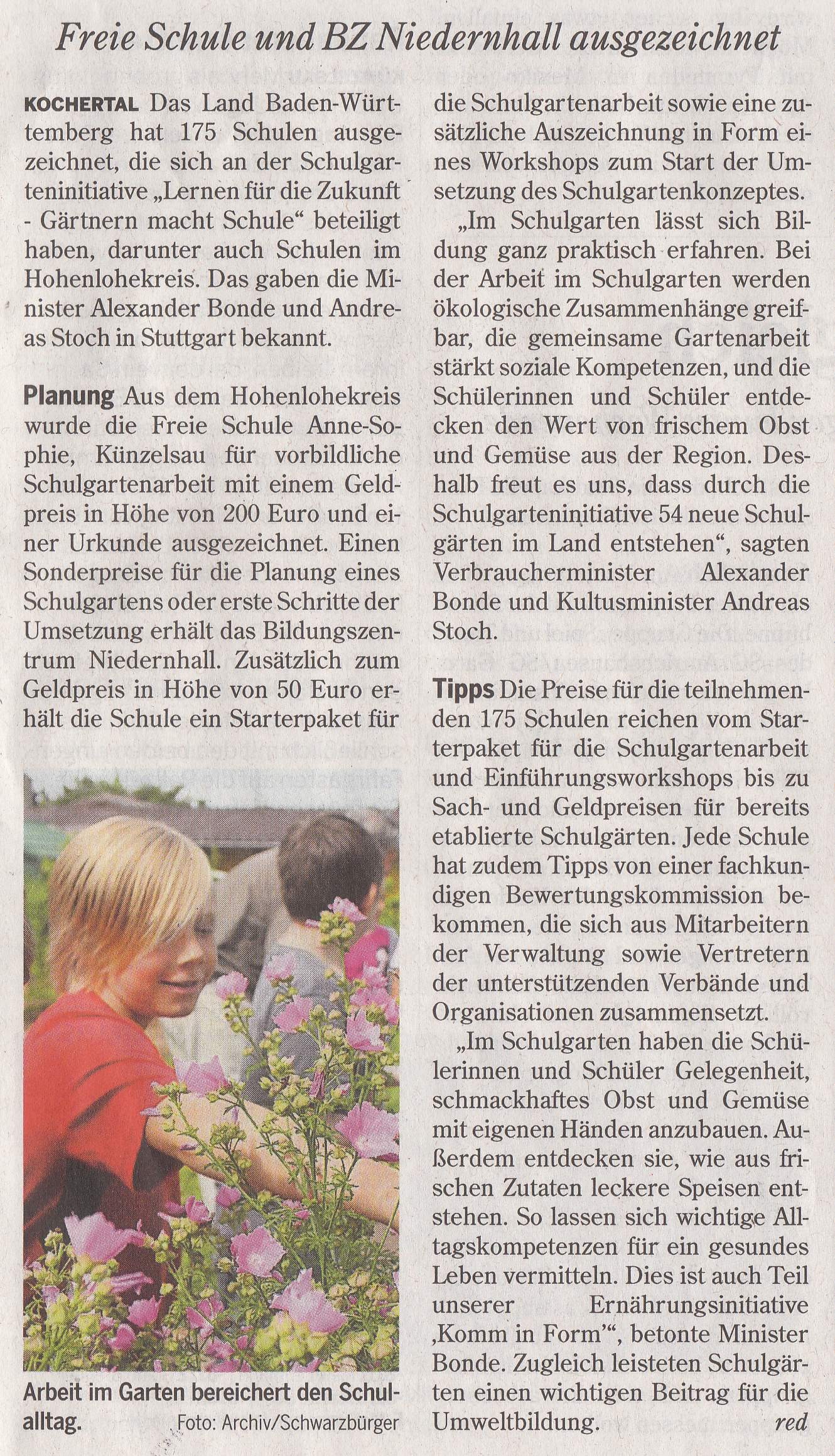 HZ-Artikel BZN Do, 07.08.2014 Schulgarten